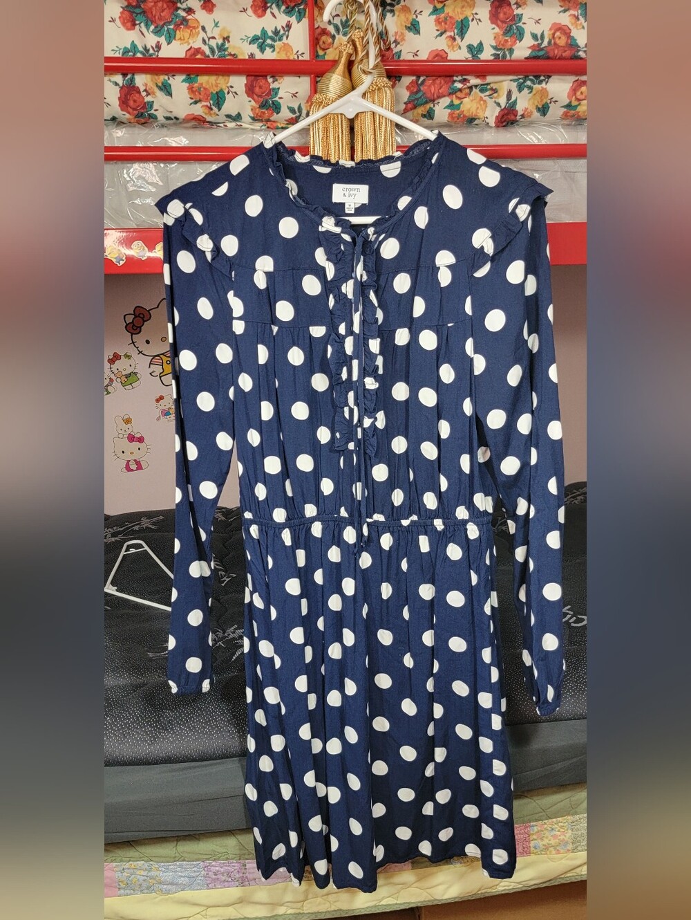 Crown & Ivy Navy Blue Polka Dot Dress Size Medium